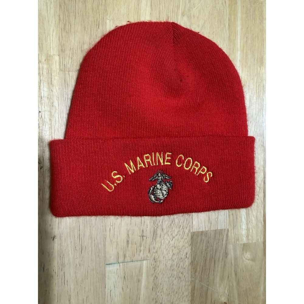 US Marine Corps USMC Red Knit Beanie Watch Cap Embroidered EGA Eagle Globe